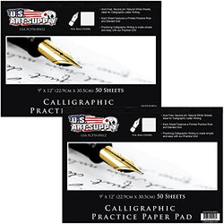 US Art Supply PCP70-09X12-2PK Premium Calligraphic Practice Paper Pad, Calligraphy Paper With