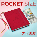 Little More Dot Grid Notebook 4 Colors/Dotted Notebook/Journal Hardcover with Thick Paper - Leather Pocket Bullet Planner (7-5,5) / Small Diary with Numbered Pages & Pen Loop + Stickers (Red)