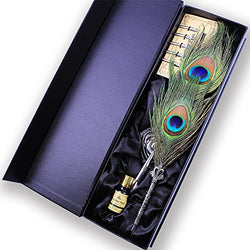 Featty - Antique Peacock Feather Metal Nibbed Pen Writing Quill Dip Pen Gift