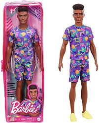 Barbie Ken Fashionistas Doll #162 with Rooted Brunette Hair Wearing Graphic Purple Top, Shorts & Yellow Shoes, Toy for Kids 3 to 8 Years Old