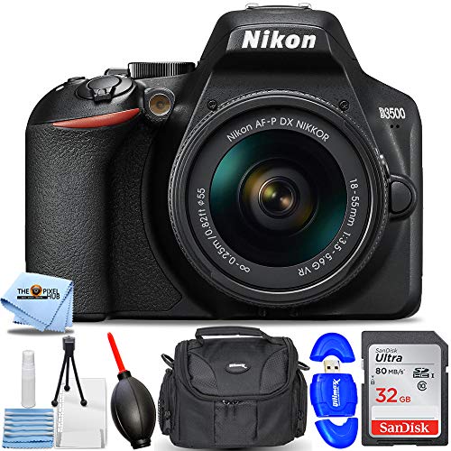 Nikon D3500 DSLR Camera with 18-55mm VR Lens 1590 - Essential Bundle Includes: Ultra 32GB SD, Memory Card Reader, Gadget Bag, Blower, Microfiber Cloth and Cleaning Kit