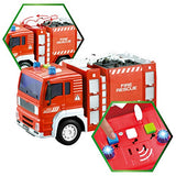 JOYIN 4 Pack Friction Powered City Hero Play Set Including Fire Engine Truck, Ambulance, Police Car and Helicopter Emergency Vehicles with Light and Sound