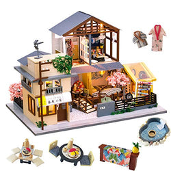 Spilay DIY Dollhouse Miniature with Wooden Furniture Kit,Handmade Mini Home Craft Japanese Villa Model Plus with Cover & Music Box,1:24 Scale Creative Doll House Toys for Teens Adult Gift
