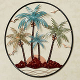 Touch of Class Sunset Paradise Tropical Theme Palm Tree Metal Wall Art - Round Design - Finished by Hand - Aqua Blue, Sage Green - Decorative Sculpture for Bedroom, Living Room