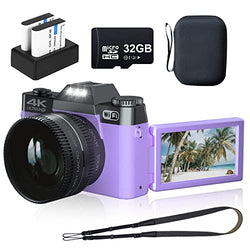 Digital Camera, VJIANGER 4K 48MP Vlogging Camera for YouTube Video Camera with WiFi, 16X Digital Zoom, 52mm Wide Angle & Macro Lens, 2 Batteries, 32GB TF Card, Camera Strap & Bag(W02-Purple1)