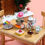 52 Pieces Miniature Dollhouse Kitchen Accessories Include Miniature Porcelain Tea Cup Set Mini Doll Plates Knife Fork Spoon Miniature Food 3-Tier Silver Cupcake Stand for Party Favors (Cute Style)