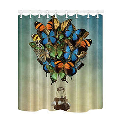 Sonernt Design Shower Curtain Hot Air Balloon with Colorful Butterflies Bath Curtain Waterproof Cloth Fabric Bathroom Decor Set with Hooks