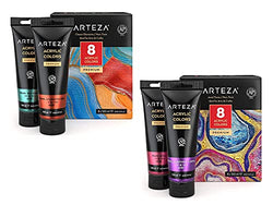 Arteza Metallic Acrylic Paint Set of 8 Classic Elements and Set of 8 Jewel Tones Bundle, Painting Art Supplies for Artist, Hobby Painters & Beginners