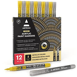 ARTEZA Acrylic Paint Markers, Set of 12 Metallic Marker Pens, 6 Gold and 6 Silver, Extra-Fine Nibs, 15mm, Blendable, for Stone, Glass, Wood, Ceramics