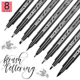 Hand Lettering Pens, Calligraphy Brush Pen, 8 Size Black Art Markers Set for Beginners Writing, Drawing, Artist Sketch, Cartoon, Watercolor Illustration, Scrapbooking, Bullet Journaling