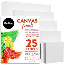 Chalkola Painting Canvases Variety Pack | 4x4, 6x6, 8x8, 10x10, 12x12 inch (5 Each, 25 Pack) for Acrylic & Oil Art, Primed 100% Square Cotton Canvas Panel Boards, Acid-Free for Artists & Kids