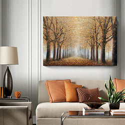 Large Tree Wall Art for Living Room Hand-Painted Forest Oil Painting Framed Yellow Grove Artwork Autumn Landscape Canvas Print for Living Room Bedroom Home Decorations Wall Decor Large 48"x32"