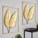 HKaikzo Gold Metal Wall Decor Set of 2, Leaf Wall Hanging Home Decor with Frame, Modern Wall Art Decor Wall Sculptures for Living Room, Bedroom, Office, Hotel, Large 24" X 16"