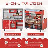 Qaba Kids Play Set 2 in 1 Multifunction Kitchen and Doll House with Realistic Function