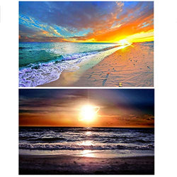 2 Pack 5D DIY Diamond Painting Kits for Adults Full Drill Crystal Embroidery Beach Sunset Paintings Pictures Art Crafts for Home Wall Decor DIY Decoration (12x16 inch/30x40cm)