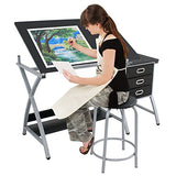 Epetlover Adjustable Drawing Desk Tabletop Tilted Drafting Table Folding Art & Craft Table with Storage&Stool, Black, 50.25inch x 24inch x 30.25inch (L x W x H)
