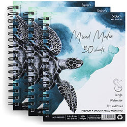 Mixed Media Pad Sketchbook - 3pk of 30 Sheets 5.5x8.5" - 90 Total 140lb/300gsm - Smooth Hot Pressed Watercolor Paper - Art Journal Spiral Bound Sketchpad - for Watercolor Paint, Acrylic, Pen, Pencil