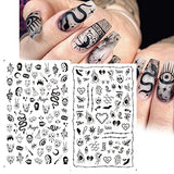 8 Sheets Halloween Nail Art Stickers Decal Black Skull Goth Snake Nail Decals Designer Nail Art Supplies 3D Gothic Punk Horror Nail Stickers Halloween Nail Design Charm for Acrylic Nail Art Decoration