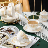 Daveinmic 22-Pieces Porcelain Tea Set, Cups& Saucer Service for 6, with Spoons,Teapot,Sugar Bowl,Creamer Pitcher and Golden Metal Rack,China Tea Gift Sets for Home&Party