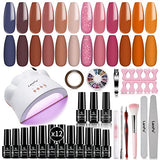LanFo Gel Nail Polish Starter Kit with UV LED Nail Light, 12 Colors Gel Polish Nude Brown Nail Polish Glitter Gel Nail Polish Set with Base Top Coat Manicure Decorations Tools Kit for DIY at Home