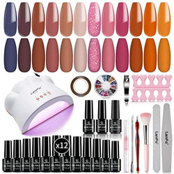 LanFo Gel Nail Polish Starter Kit with UV LED Nail Light, 12 Colors Gel Polish Nude Brown Nail Polish Glitter Gel Nail Polish Set with Base Top Coat Manicure Decorations Tools Kit for DIY at Home