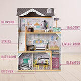 Lil' Jumbl Kids Wooden Dollhouse, with Elevator, Balcony & Stairs, Accessories & Furniture Included X-Large 3 Story Easy to Assemble Doll House Toy