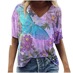 Plus Size Tops for Women, Womens Fashion Summer T Shirt Loose Short Sleeve T-Shirt Crewneck Scenic Flowers Graphic Tee