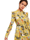 Floerns Women's Long Sleeve Ruffle Trim Self Tie Floral Print Short Dress A Yellow XS