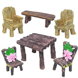 Trasfit 6 Pieces Miniature Table and Chairs Set, Fairy Garden Furniture Ornaments Kit for Dollhouse Accessories, Home Micro Landscape Decoration (Style C with Flower)