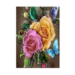 Diamond Painting Flowers Kits for Adults, 5D DIY Full Round Drill Painting 5D Cross Stitch Arts Resin Diamond Picture Beads Pasted Craft for Home Wall Decor, 11.8 x 15.8 inch (Flower Butterfly)
