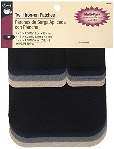 Dritz 55283 Patches, Iron-On, Twill, Assorted Sizes & Colors (16-Count)