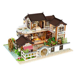 F Fityle Dollhouse Miniature with Furniture, DIY Wooden Dollhouse Kit with LED Light, 1:24 Scale Creative Room House