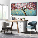 Modern Art 100% Hand Painted Framed Home Wall Decor Art Blooming Flower Tree Oil Painting Abstract Artwork Cherry Blossoms Pink Flowers Blue Teal Colourful Starry Night Sky Living Room Decoration