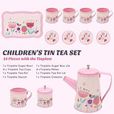 Coco Tree 14 Pieces Flower Birds Kids Tea Set, Pretend Play Toys for Kids, Children, Pink Tin Tea Party Set for Little Girls and Boys.