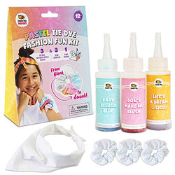 3 Pack Scrunchies Tie Dye Kit (Pastel Tye Die Kits) has 3 soft colors in easy-squeeze bottles, 3 blank scrunchies, 1 blank bandana, rubber bands, and dye guide for endless DIY fashion possibilities