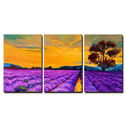 wall26 - 3 Piece Canvas Wall Art - Original Oil Painting of Lavender Fields on Canvas.Sunset Landscape.Modern Impressionism - Modern Home Decor Stretched and Framed Ready to Hang - 24"x 16" x 3 Panels