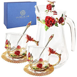 Fancy Flower Glass Tea Sets for Women, 10oz Fancy Coffee Mug Set of 2 with Spoons, Butterfly Floral Clear Teapot and Cup Sets for Adults, Gift for Women Mom Wife Tea Party Christmas