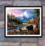 Diamond Painting Kits for Adults Black Bear DIY 5D Full Round Drill 19.7x15.8 Inches / 50x40 cm, Forest Scenery of Mountain Cabin Stream