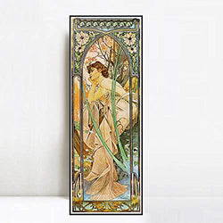 INVIN ART Framed Canvas Giclee Print Evening Contemplation. from The Times of The Day Series. 1899 by Alphonse Mucha Wall Art Living Room Home Office Decorations(Black Slim Frame,12"x36")