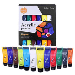 Acrylic Paint Set for Painting, 12 Vibrant Acrylic Colors 30ml for Canvas, Wood, Fabric, Leather, Cardboard, Paper and Crafts