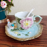 FORLONG Ceramic 7 Pieces Coffee Tea Sets, 3D hand-paint Flower and Bird Teapot and Cup Saucers Set for Wowan