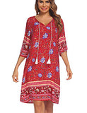 Bohemian Floral Red Dress Ethnic Style Tunic Boho Dresses Summer Short with Tie Neck M