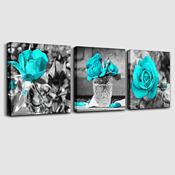 wall art for bedroom Simple Life Black and white rose flowers Blue Canvas Wall Art Decor 12" x 12" 3 Pieces Framed Canvas Prints Watercolor Giclee with Black Border Ready to Hang for Home Decoration