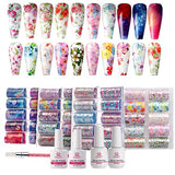 Makartt Nail Art Foil Glue Gel with Flower Starry Sky Star Foil Stickers Set Nail Transfer Tips Manicure Art DIY Nail Decoration Kit 15ML, 40PCS (4cm100cm) Stickers, Nail Curing Lamp Required