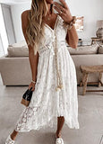 Women's Summer Lace Floral Dress V Neck Spaghetti Strap Sleeveless Bohemian Beach Casual Maxi Long Dress Sundress (A-White, S)