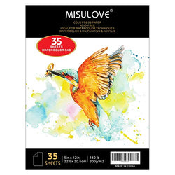 MISULOVE Watercolor Paper 9x12 Inch, 35 White Sheets (140lb/300gsm), Cold Pressed Art Sketchbook Pad for Painting & Drawing & Watercolor Paint and Watercolor Pencils, Wet, Mixed Media