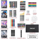 Mixed Media Art Set XXL with Professional Wooden Case (150 Pieces) - Art Supplies for Painting, Drawing, and Coloring - Pastels, Acrylic, Watercolor, Crayons, Pencils - 4 Drawing Pads - Zenacolor