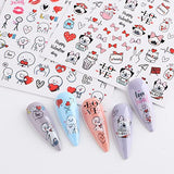12 Sheets Valentine's Day Nail Art Stickers 3D Self-adhesive Nail Decals with Dwarfs Love Hearts-Shaped Lips Rose Cute Cartoon Valentine's Day Design for Women and Girls Valentine's Day Nail Art Decoration Supplies