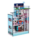 Olivia's Little World Teamson Kids - Dreamland Barcelona Wooden Pretend Play Doll House Dollhouse for 3.5" Doll with 10 Pieces of Furniture- Blue / White / Pink