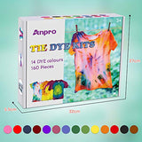 Anpro160PCS Tie-dye DIY Kit (100ml per Bottle), 14 Colours Permanent All-in-1 Tie Dye kit with 120PCS Rubber Bands, Gloves, Apron and Table Covers for Craft Arts Fabric Textile Party DIY Handmade